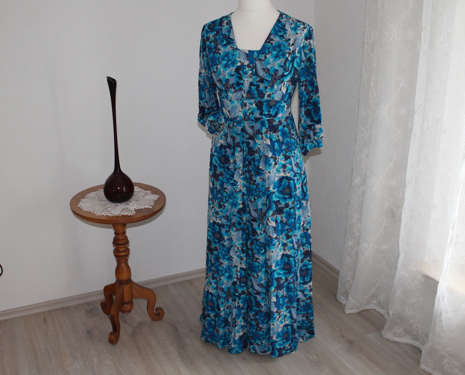Blaues Langes Kleid Gr M 70er Jahre Blumenmuster Flower Kyffairtrieb