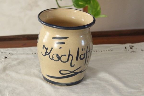 Tontopf für Kochlöffel groß beige blau Keramik getöpfert